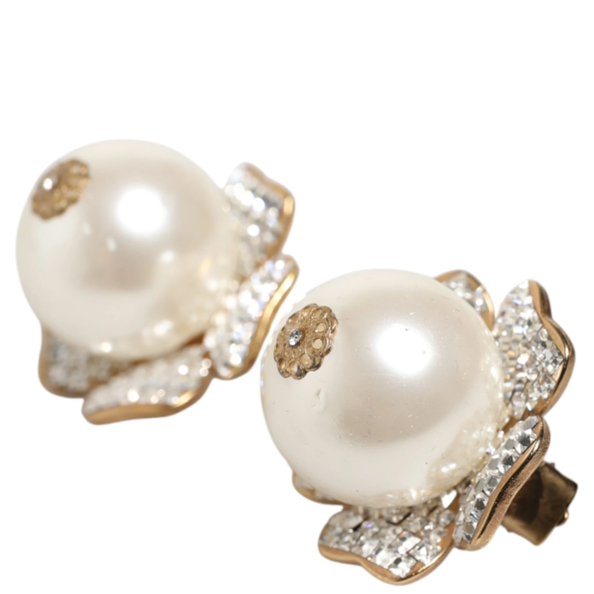 Gold Tone Maxi Faux Pearl Floral Clip-on Jewelry Earrings