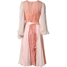 Pink Silk Tulle Long Sleeve V-neck Dress