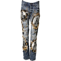 Blue Ripped Embellished Cotton Denim Jeans