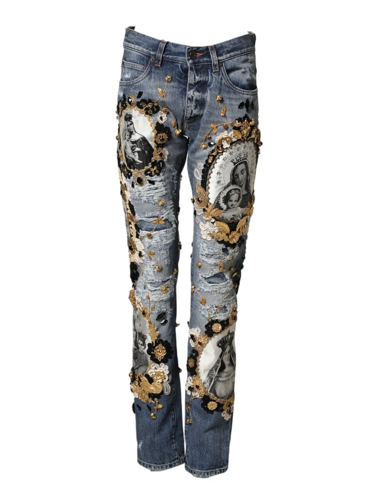 Blue Ripped Embellished Cotton Denim Jeans