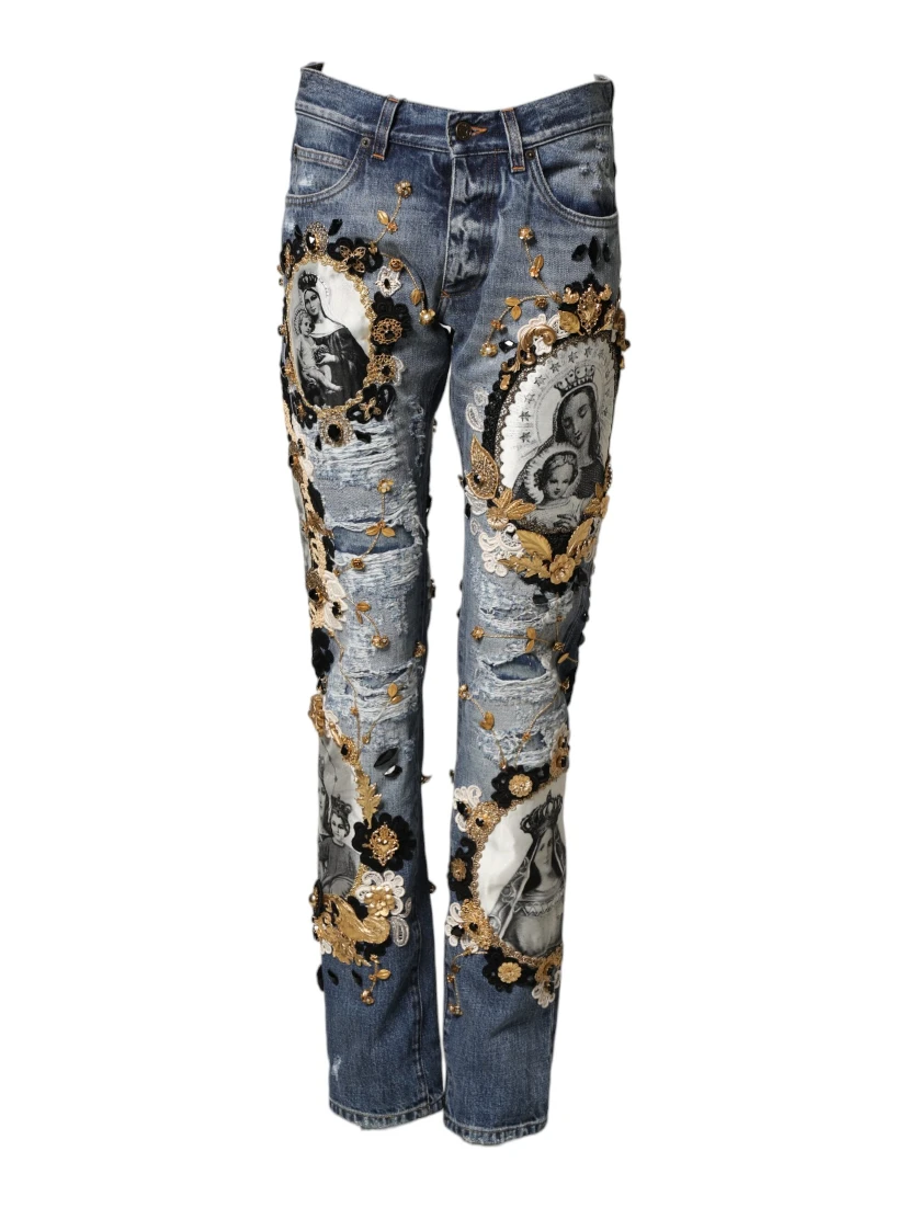 Blue Ripped Embellished Cotton Denim Jeans