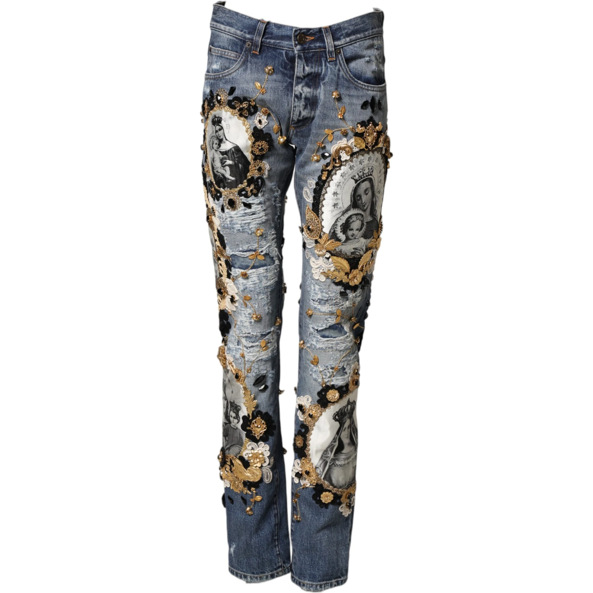 Blue Ripped Embellished Cotton Denim Jeans