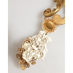 Gold Ceramic Crystal Cherub Baroque Pendant Necklace