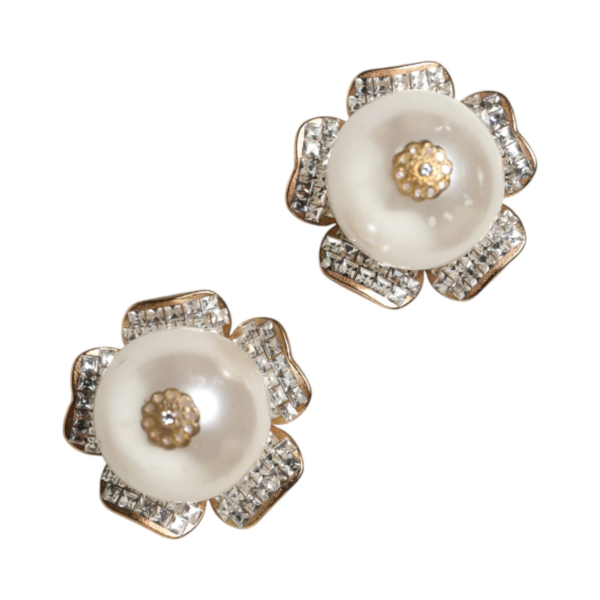 Gold Tone Maxi Faux Pearl Floral Clip-on Jewelry Earrings
