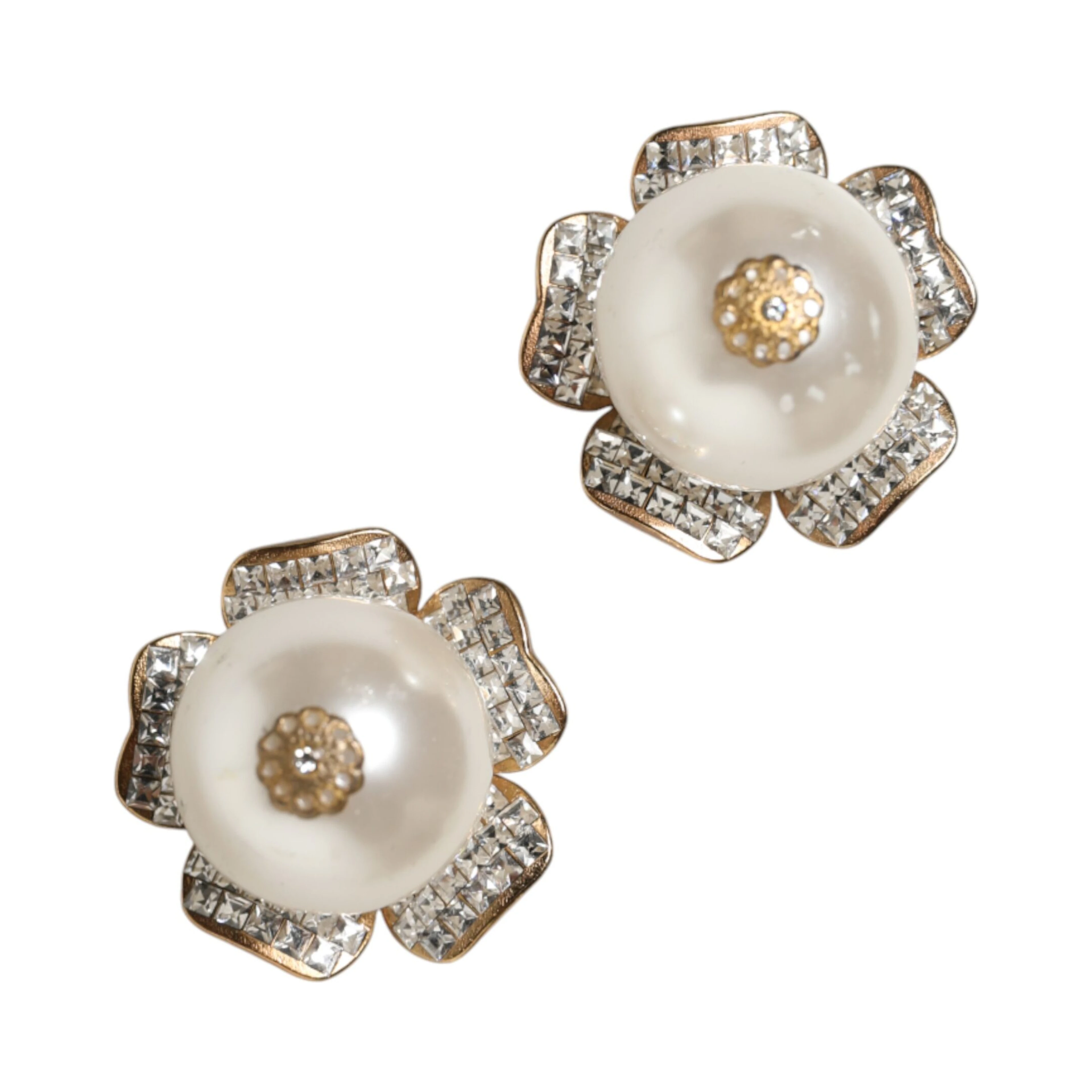 Gold Tone Maxi Faux Pearl Floral Clip-on Jewelry Earrings