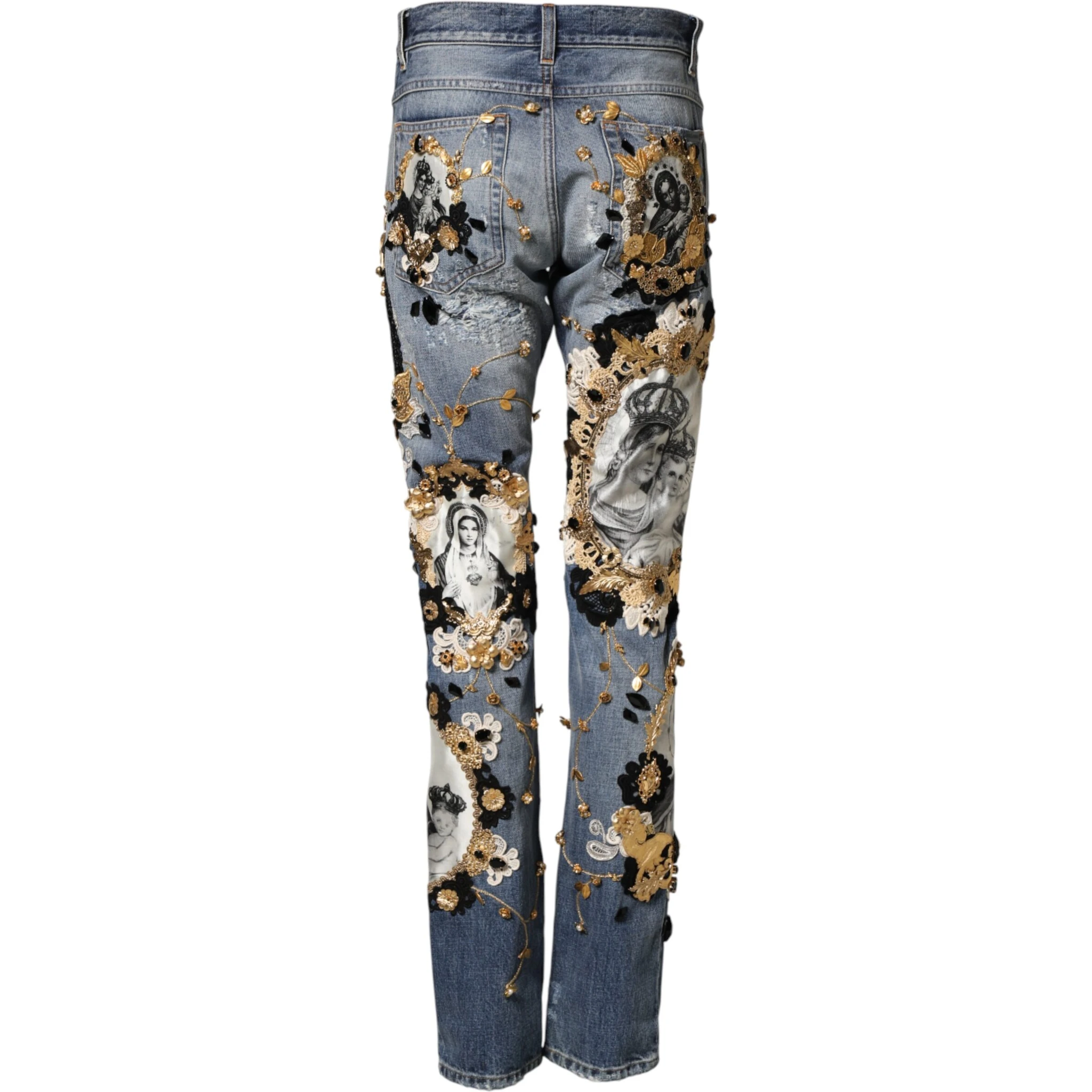 Blue Ripped Embellished Cotton Denim Jeans