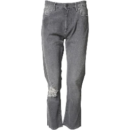 Gray Tattered Mid Waist Men Straight Denim Trouser Jeans