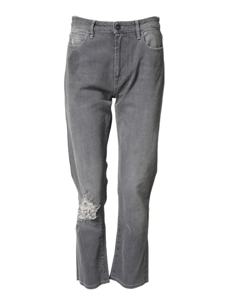 Gray Tattered Mid Waist Men Straight Denim Trouser Jeans