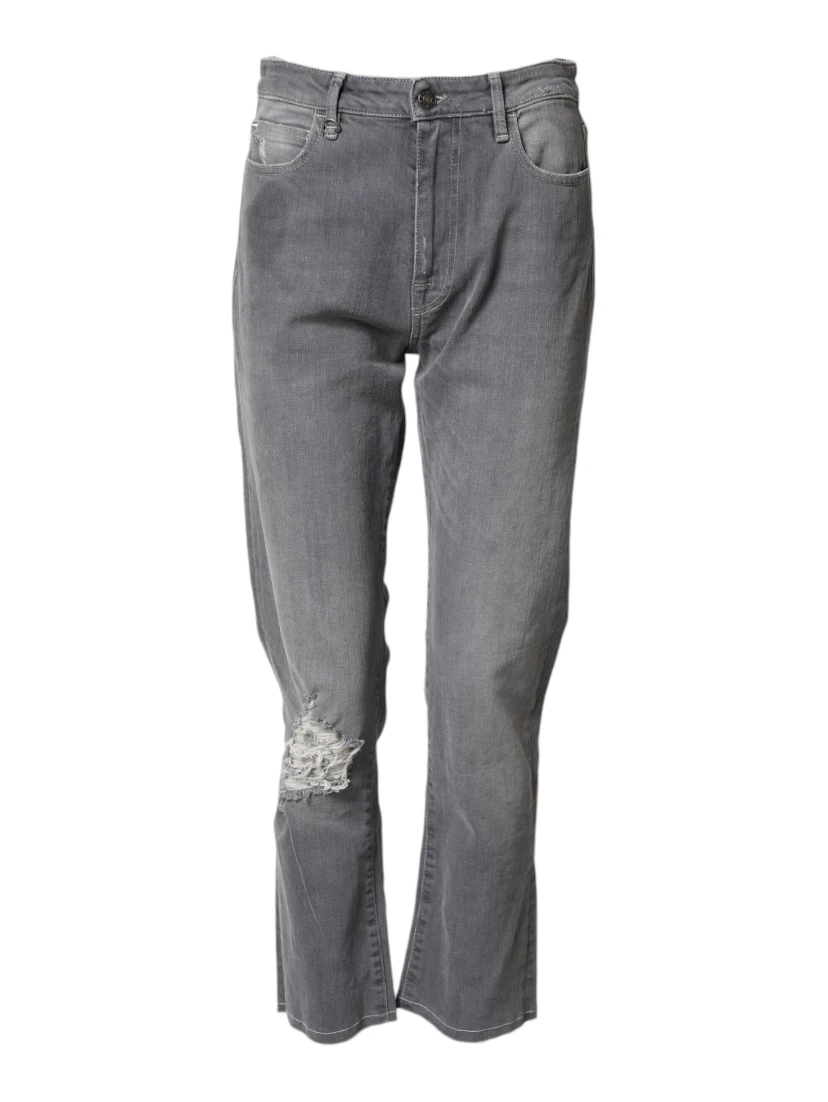 Gray Tattered Mid Waist Men Straight Denim Trouser Jeans