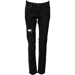 Black Tattered Cotton Men Skinny Denim Jeans