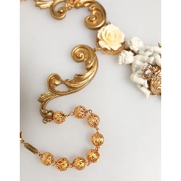 Gold Ceramic Crystal Cherub Baroque Pendant Necklace