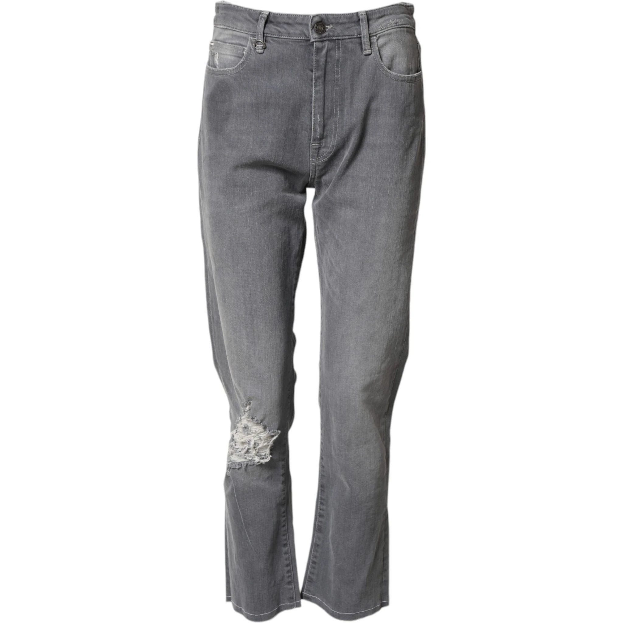 Gray Tattered Mid Waist Men Straight Denim Trouser Jeans