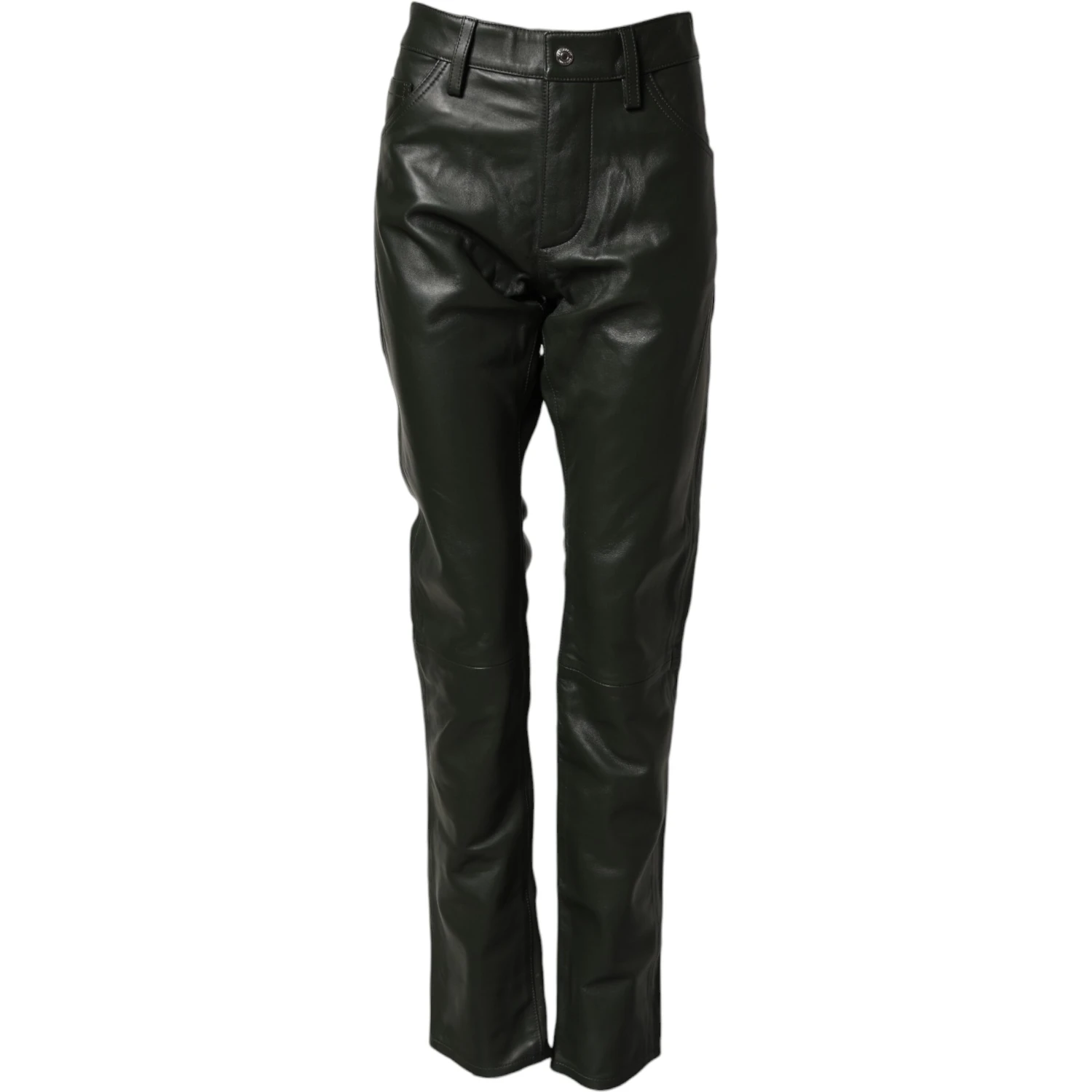 Black Full Grain Leather Mid Waist Trouser Pants