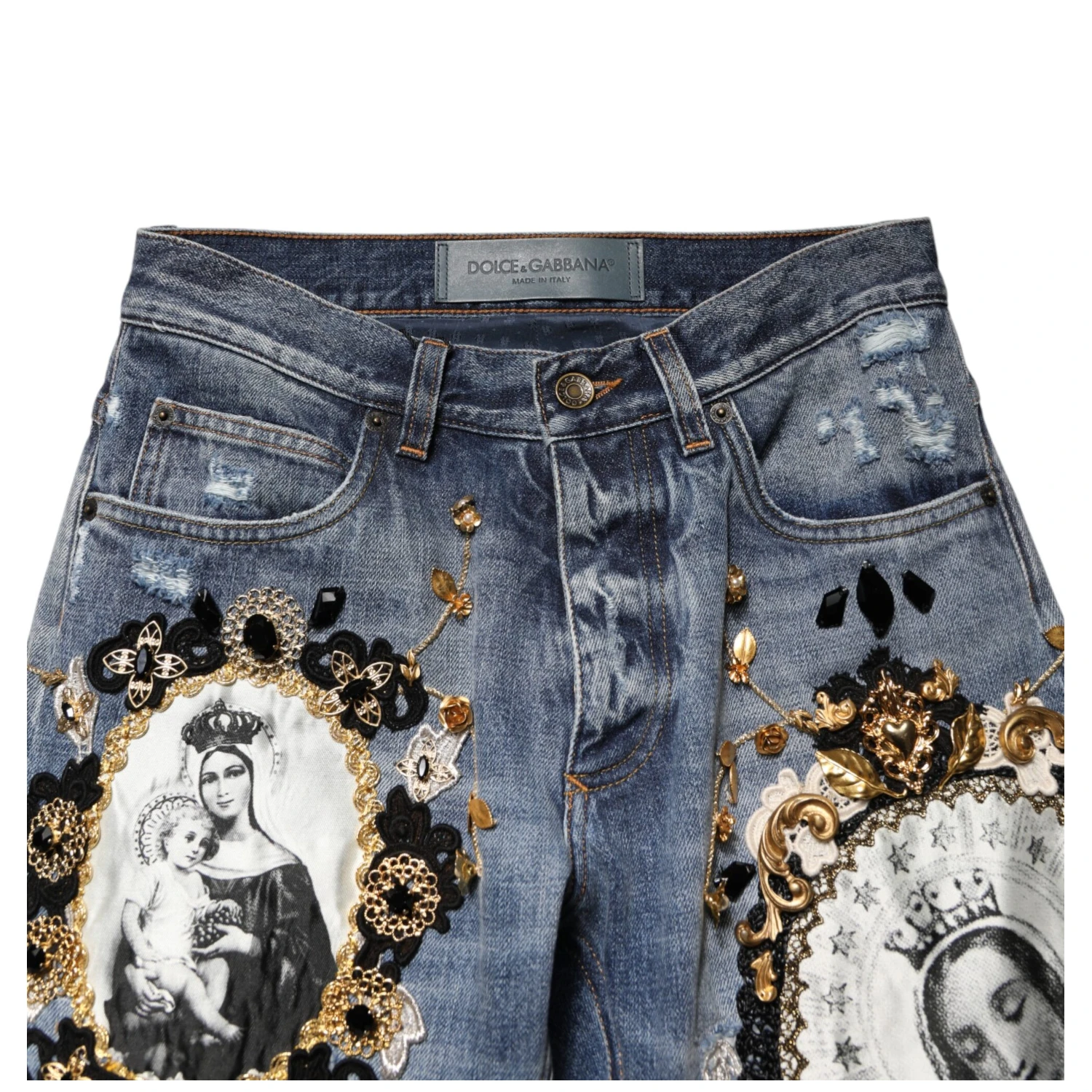 Blue Ripped Embellished Cotton Denim Jeans