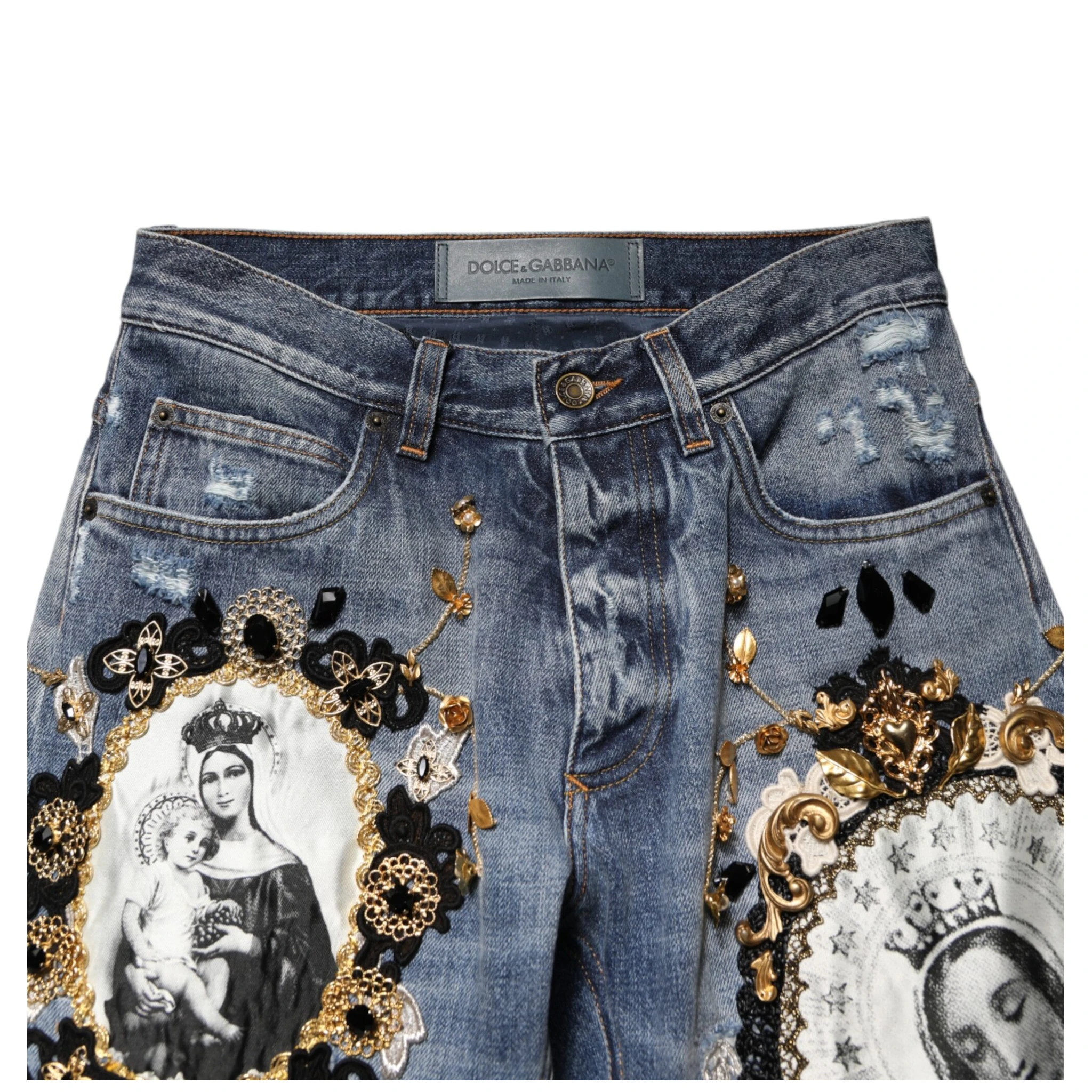 Blue Ripped Embellished Cotton Denim Jeans