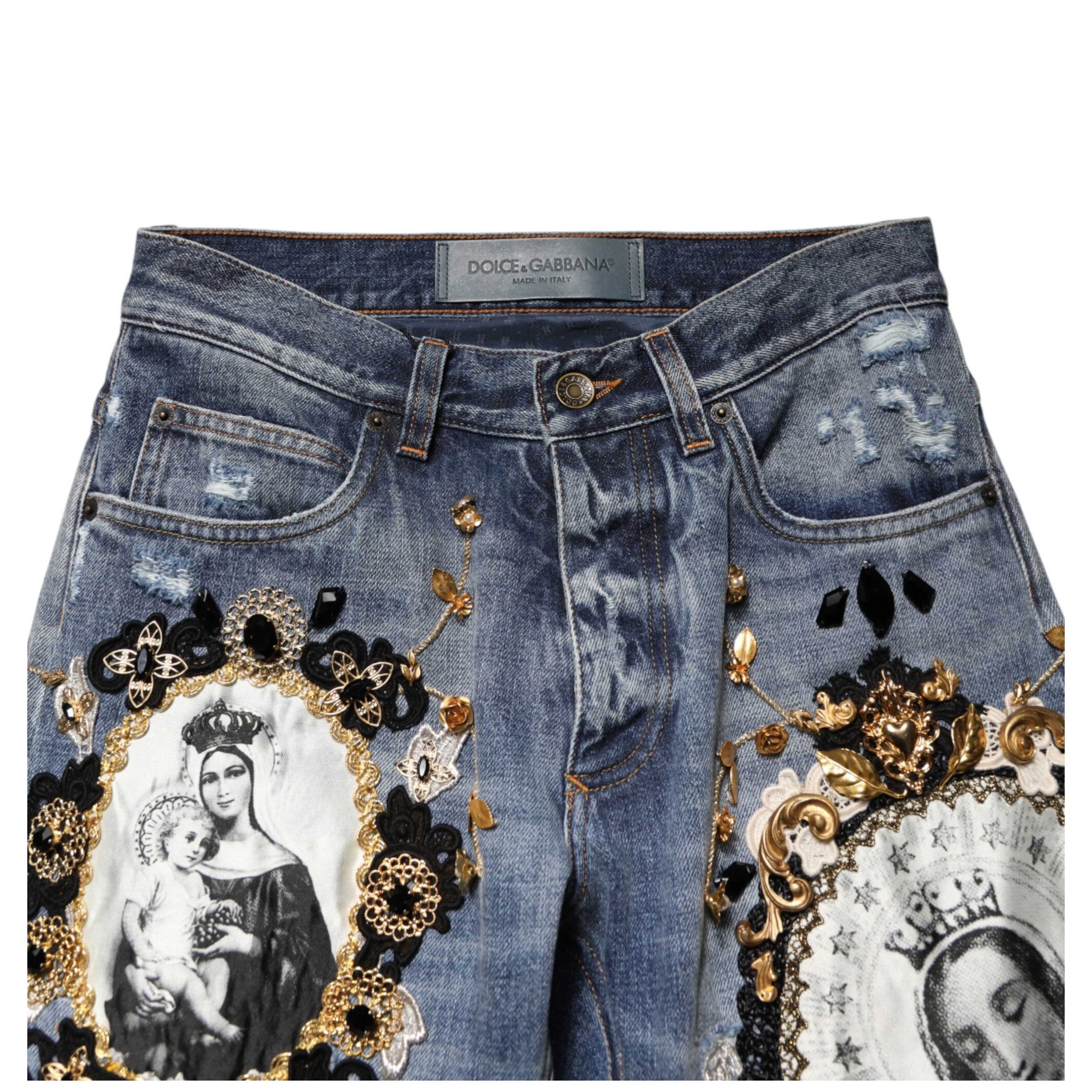 Blue Ripped Embellished Cotton Denim Jeans