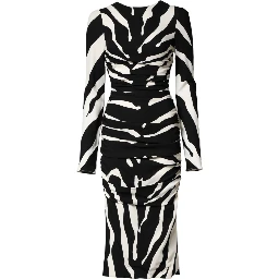 Black White Zebra Viscose Sheath Midi Dress