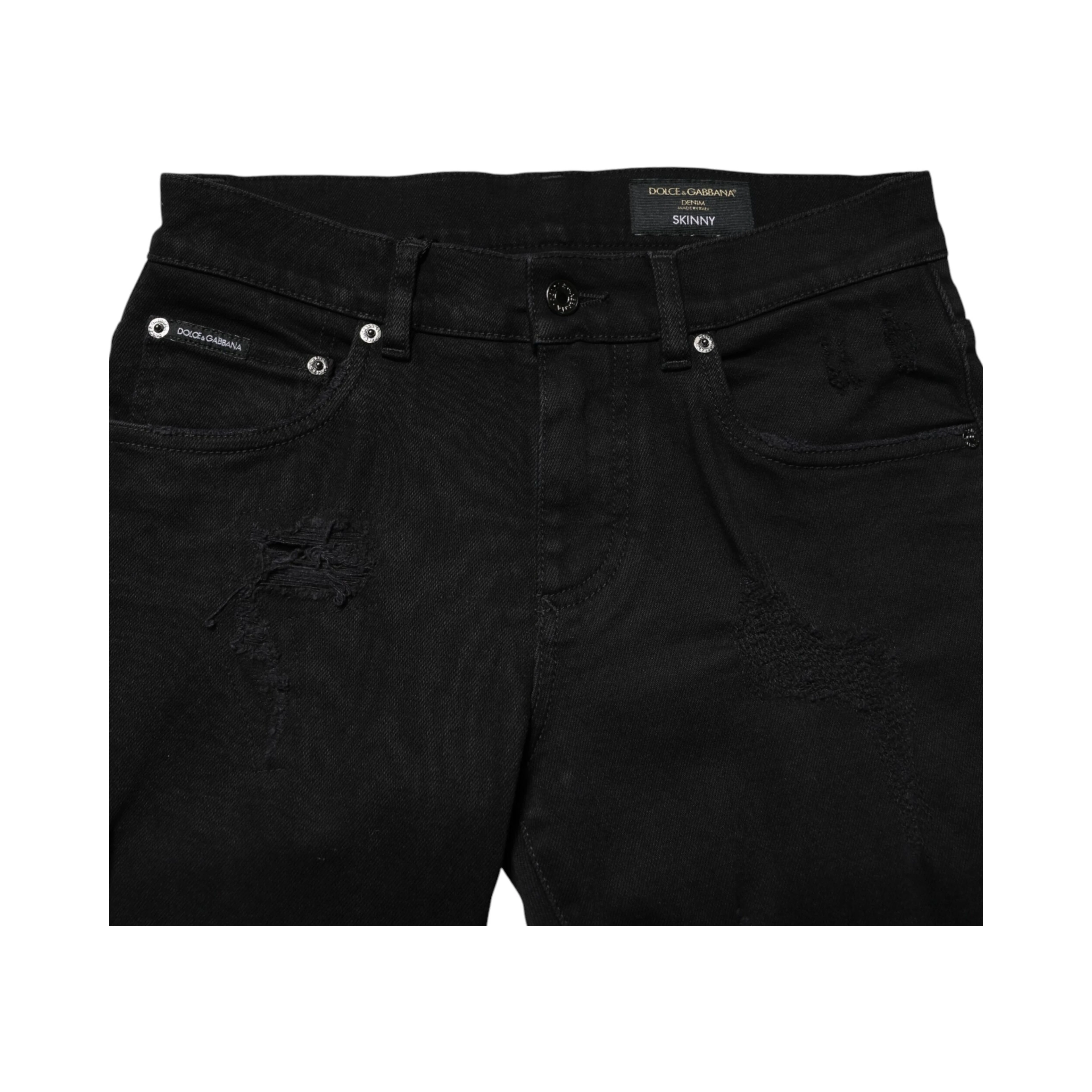 Black Tattered Cotton Men Skinny Denim Jeans