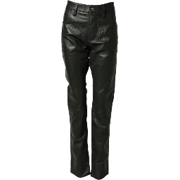 Black Full Grain Leather Mid Waist Trouser Pants