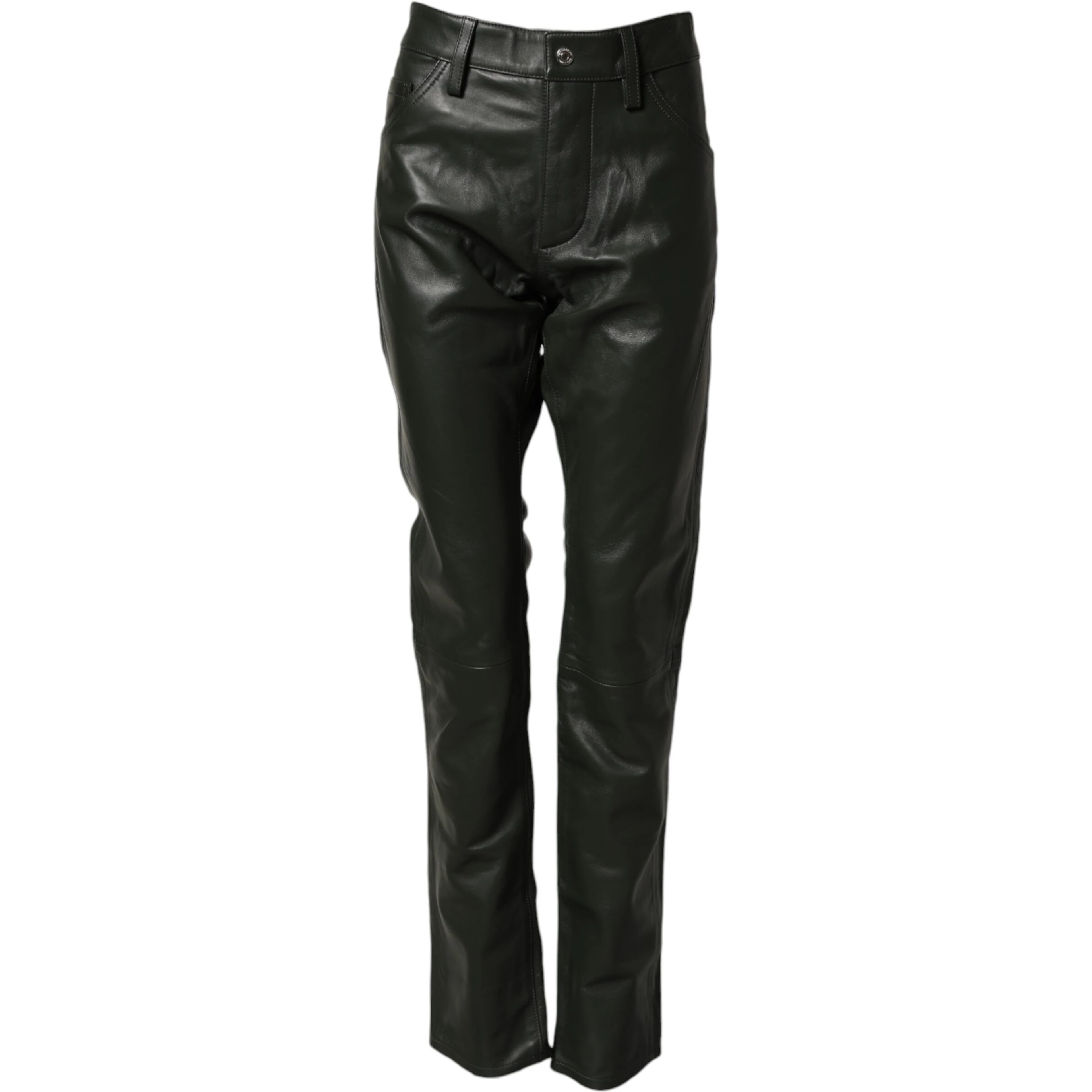 Black Full Grain Leather Mid Waist Trouser Pants