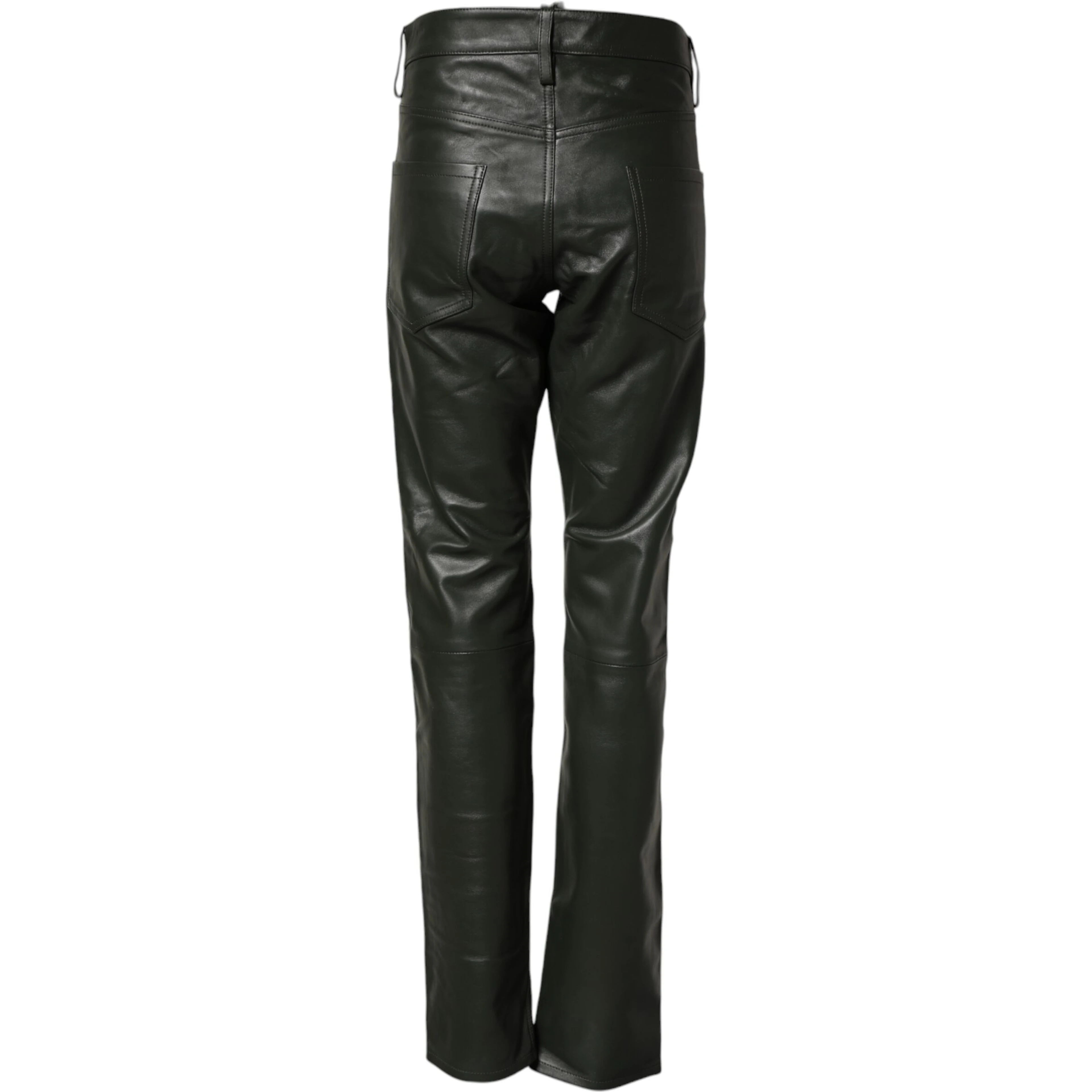 Black Full Grain Leather Mid Waist Trouser Pants