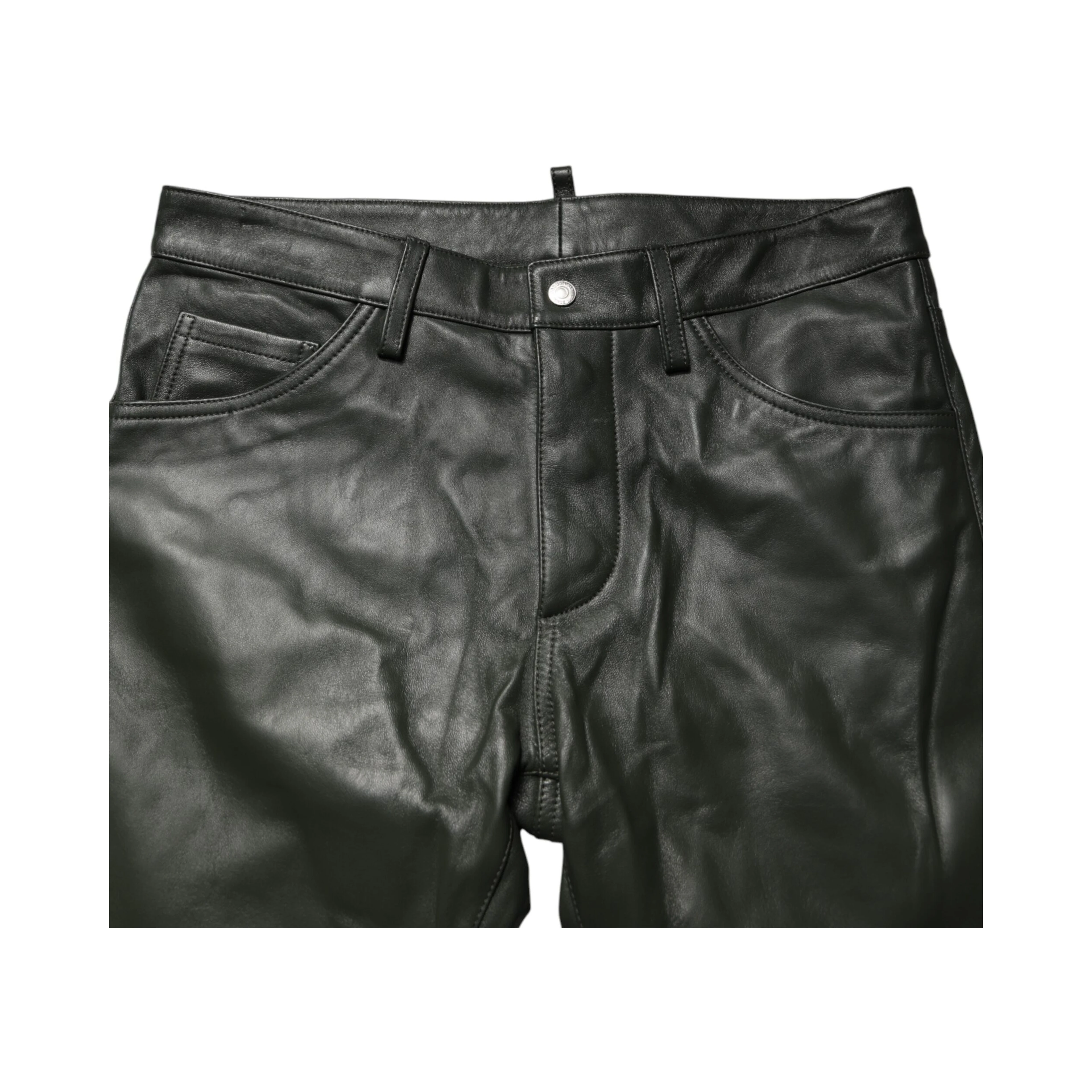 Black Full Grain Leather Mid Waist Trouser Pants