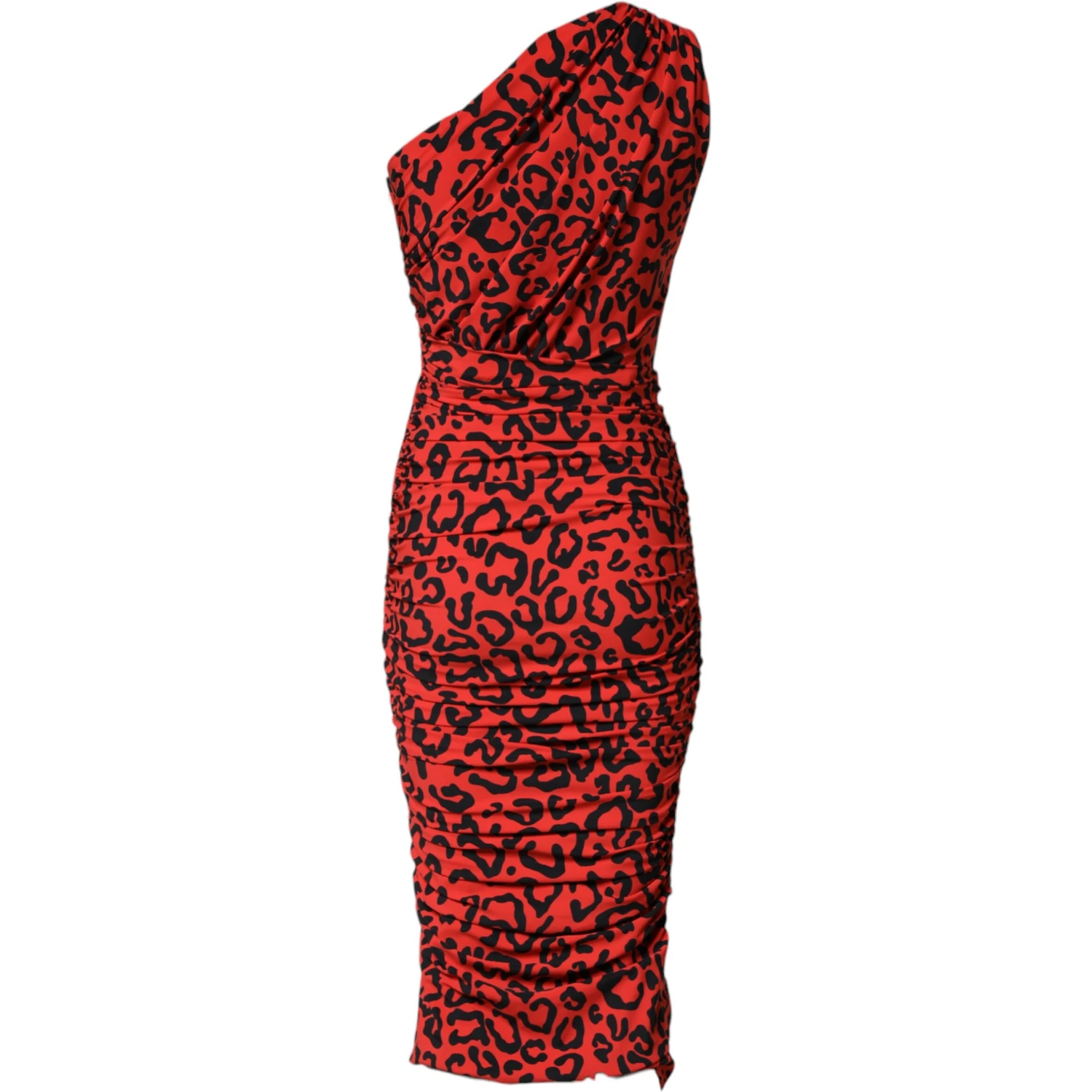 Red Leopard Print Nylon Sheath Midi Dress