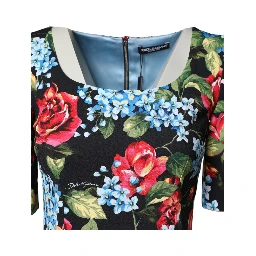 Black Floral Print Viscose Sheath Midi Dress