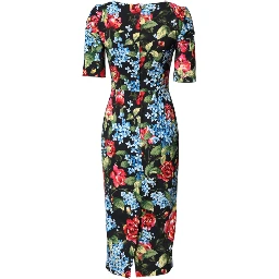 Black Floral Print Viscose Sheath Midi Dress