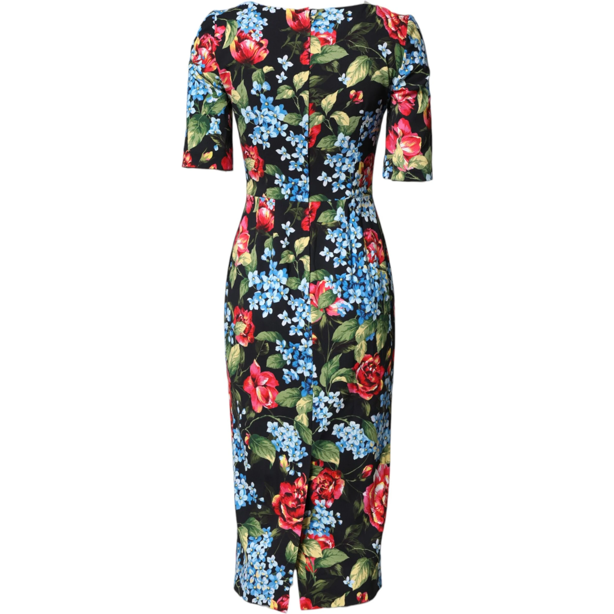Black Floral Print Viscose Sheath Midi Dress