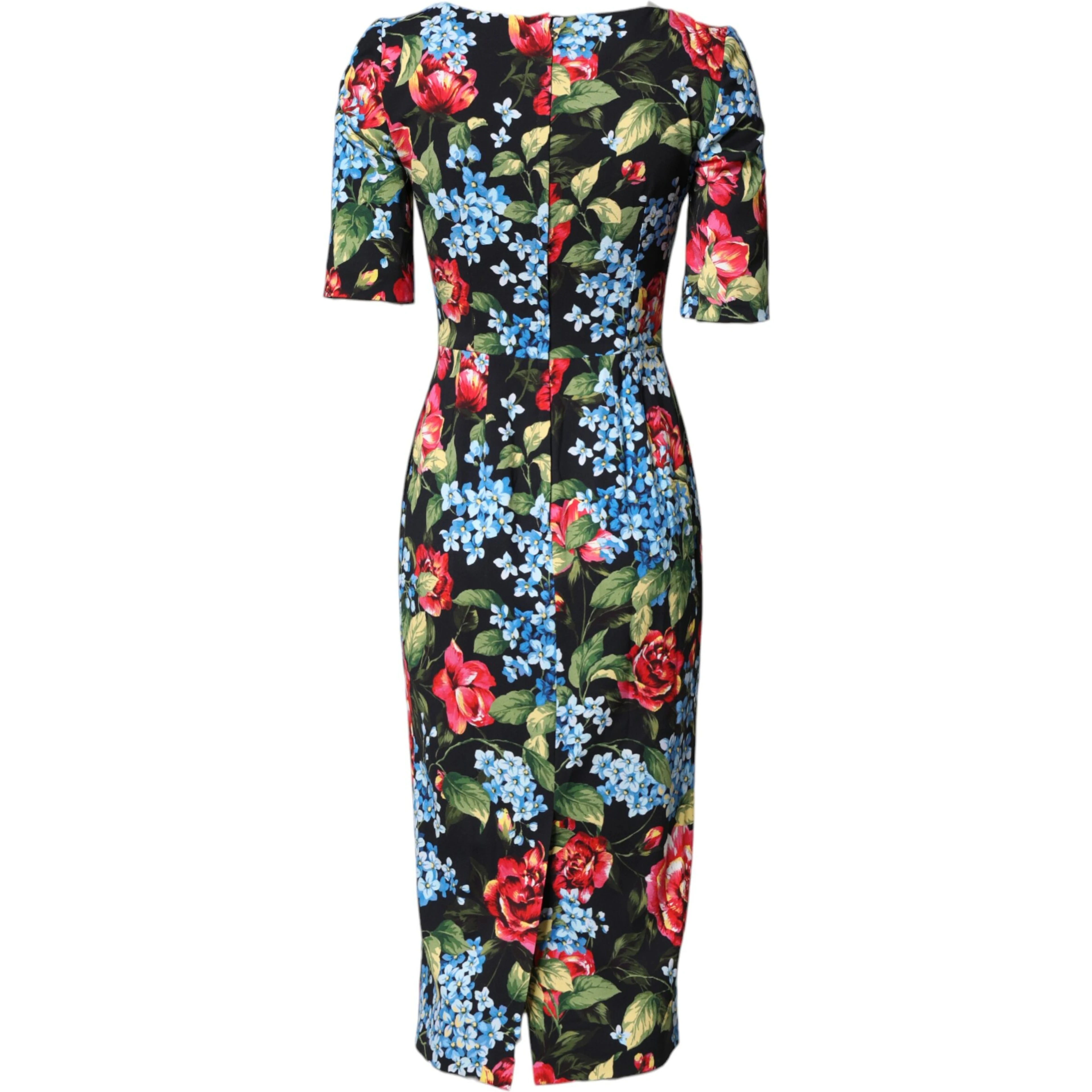 Black Floral Print Viscose Sheath Midi Dress