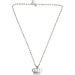Silver Tone Brass Chain Crown Crystal Pendant  Necklace