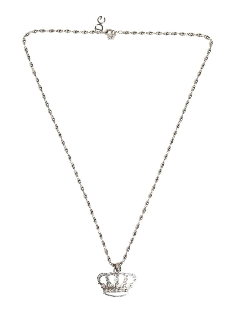Silver Tone Brass Chain Crown Crystal Pendant  Necklace
