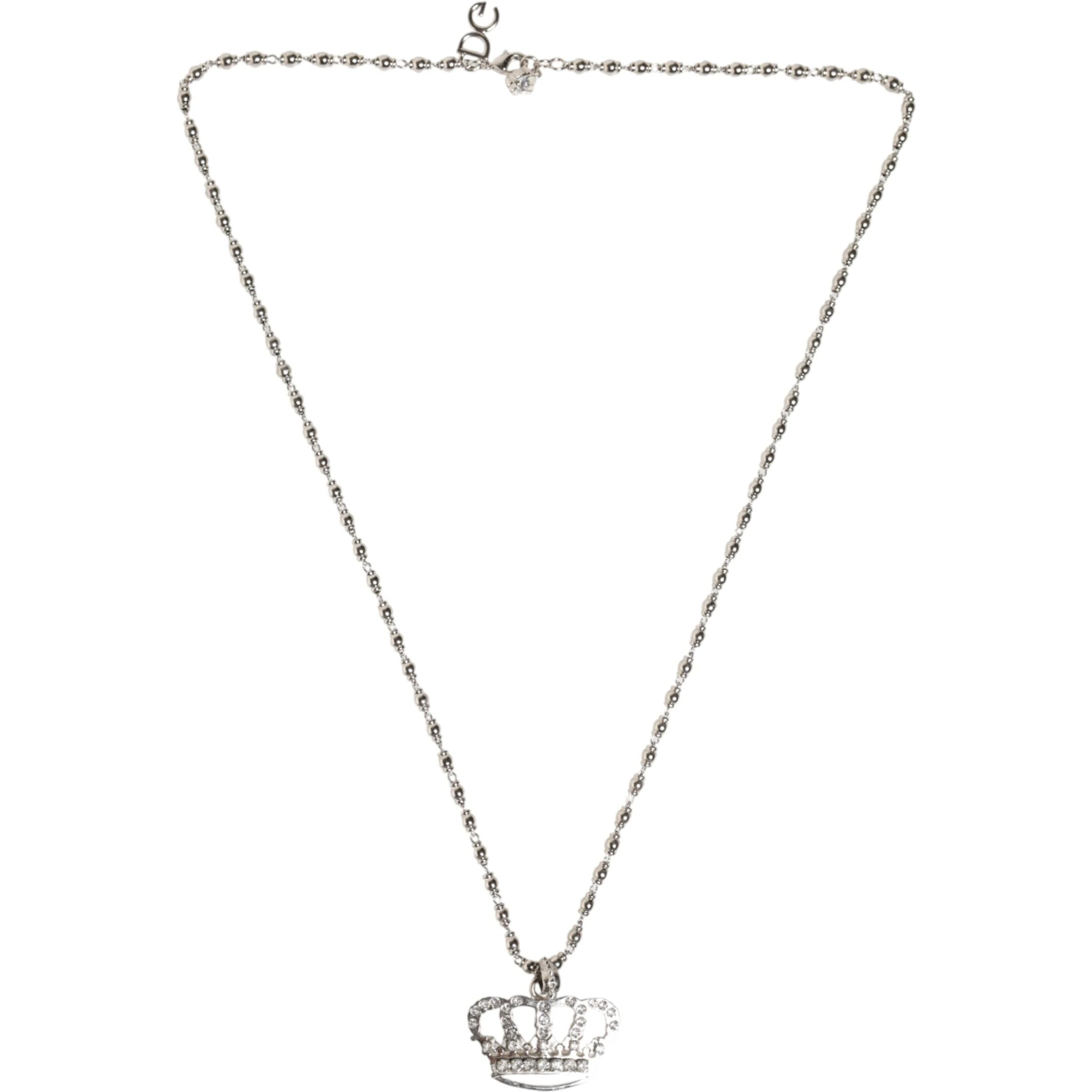 Silver Tone Brass Chain Crown Crystal Pendant  Necklace