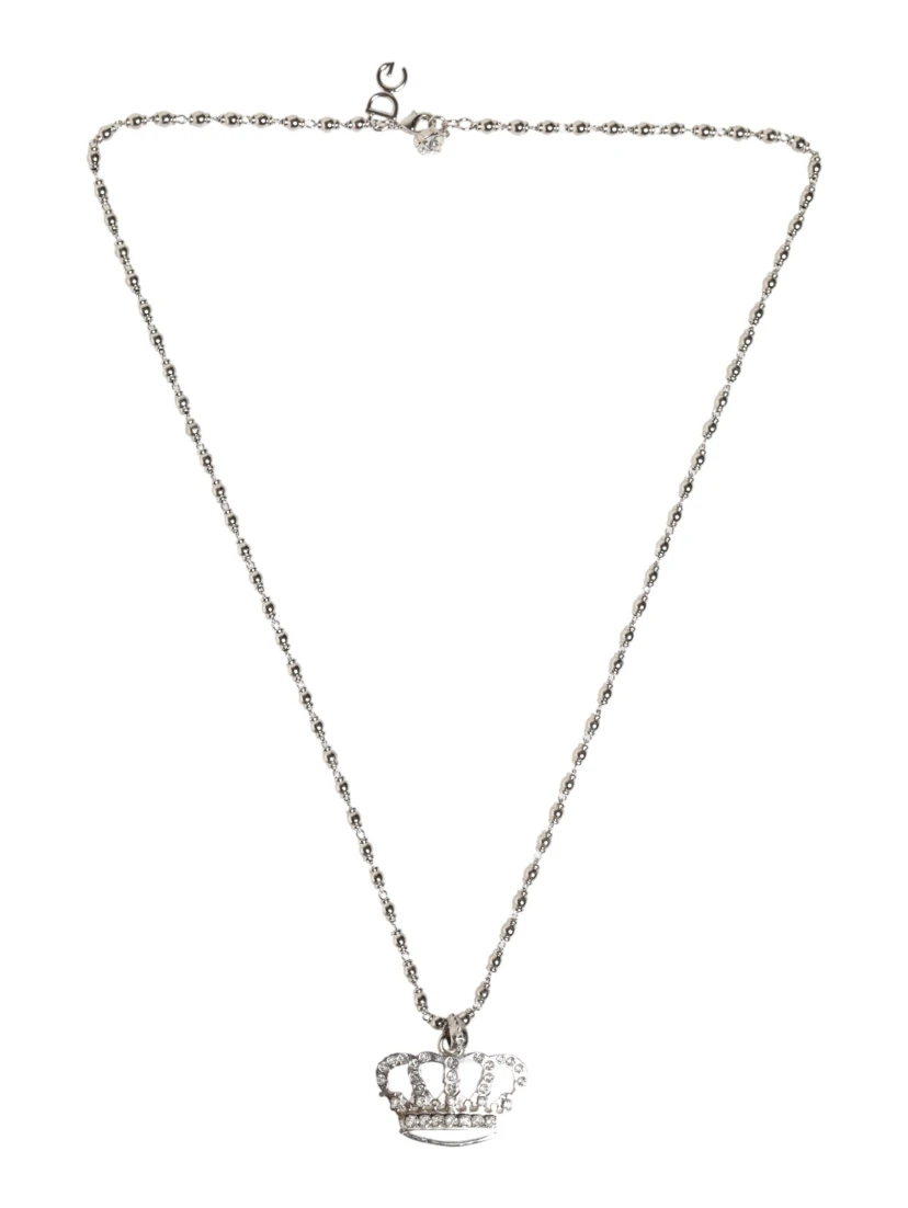 Silver Tone Brass Chain Crown Crystal Pendant  Necklace