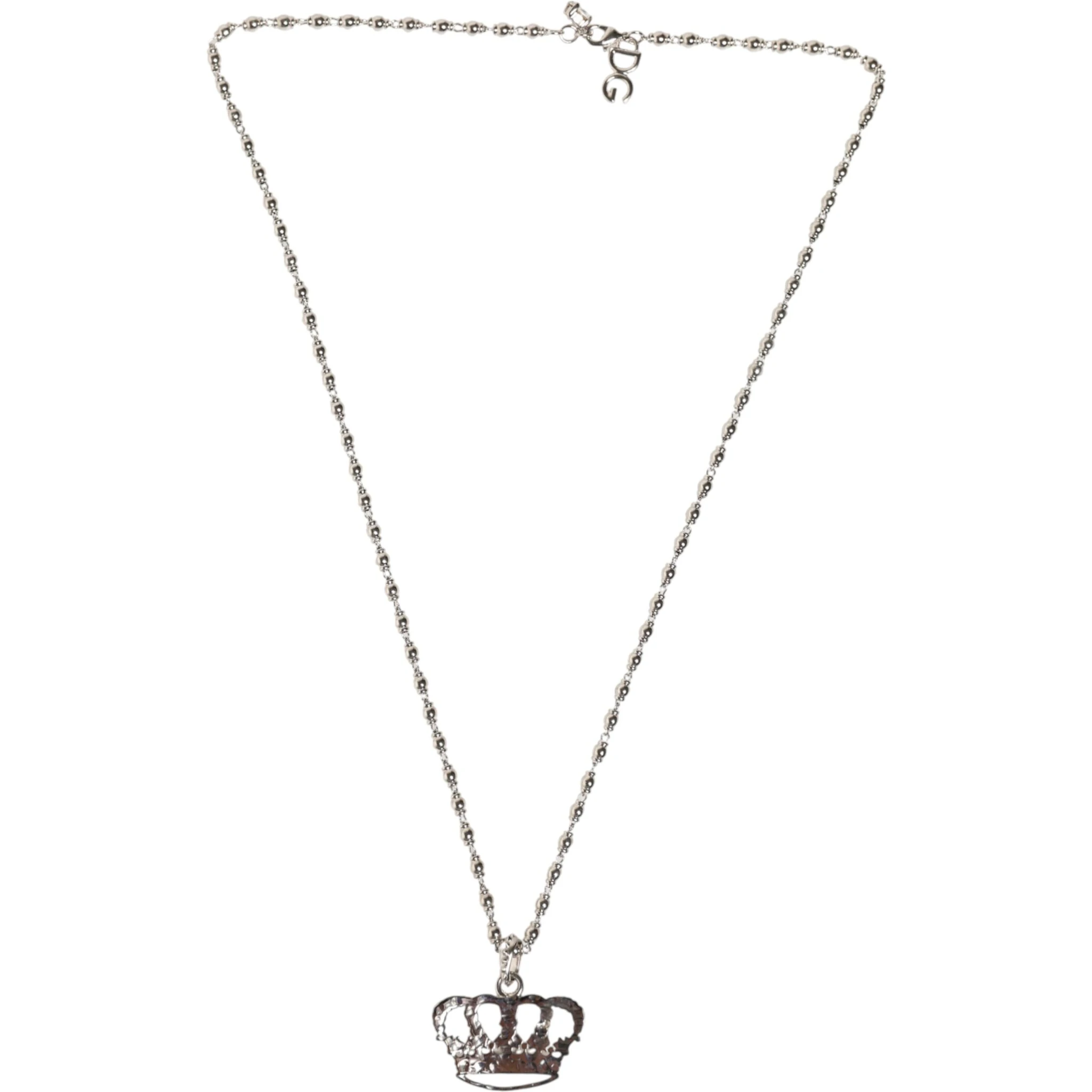 Silver Tone Brass Chain Crown Crystal Pendant  Necklace