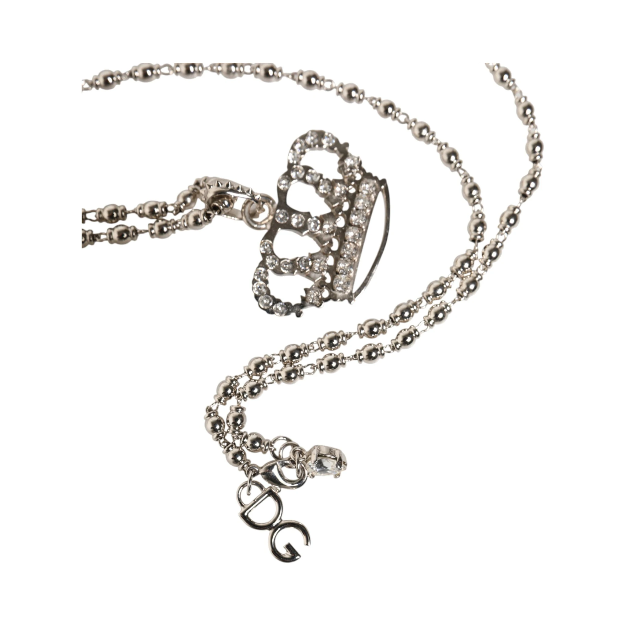 Silver Tone Brass Chain Crown Crystal Pendant  Necklace