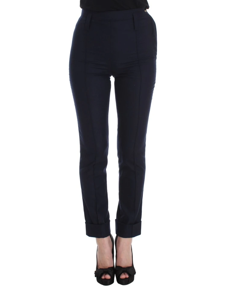 Blue Virgin Wool Slim Fit Casual Pants