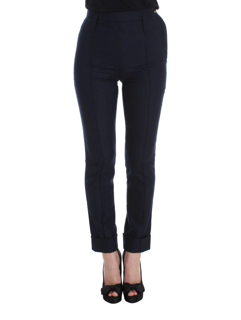 Blue Virgin Wool Slim Fit Casual Pants