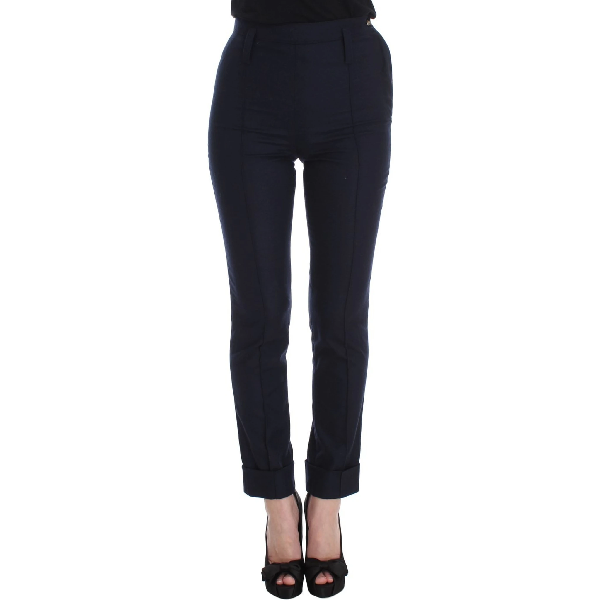 Blue Virgin Wool Slim Fit Casual Pants