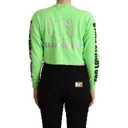 Mint Green Printed Long Sleeves Cropped Top Sweater