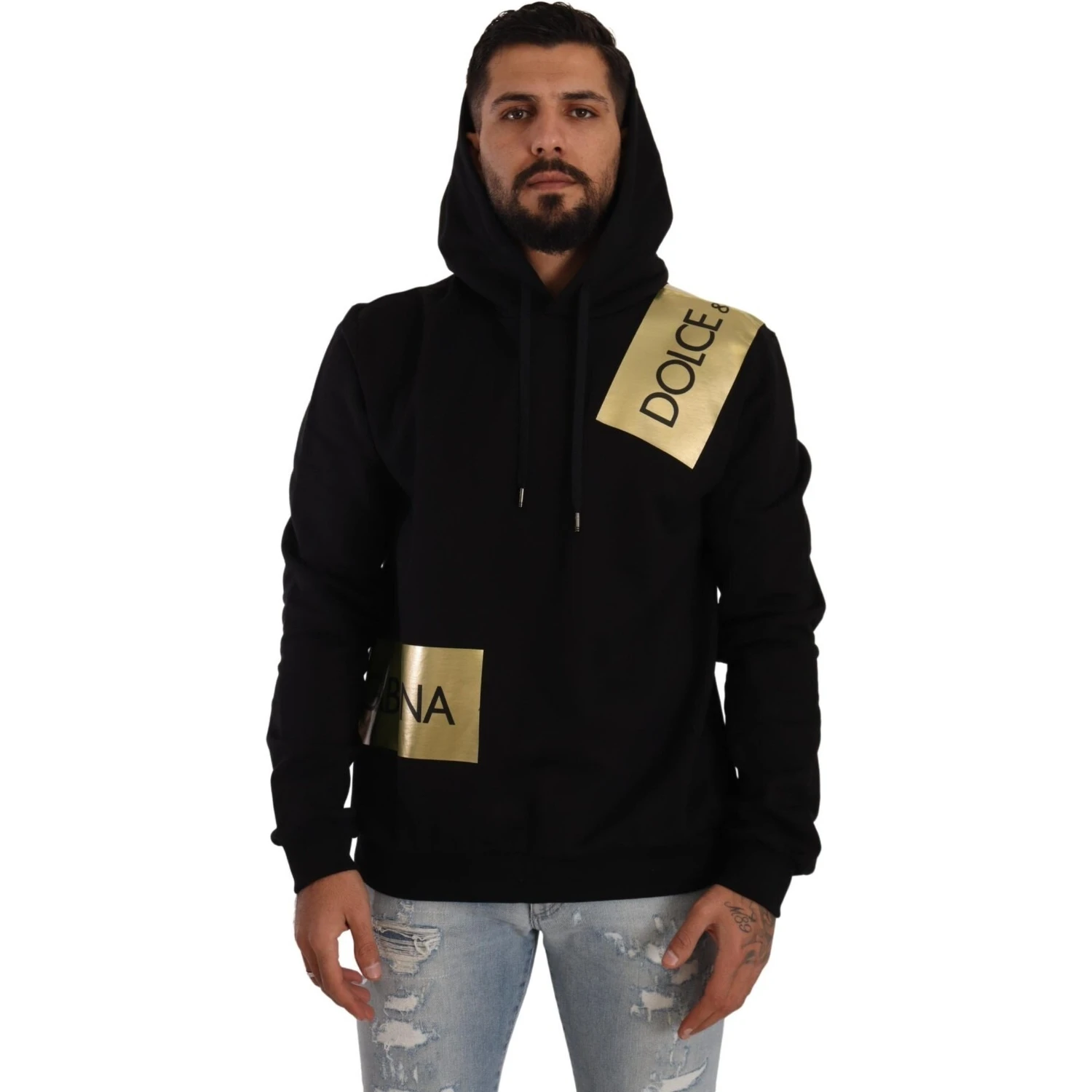 Black Gold Hooded Cotton Mens Pullover Sweater
