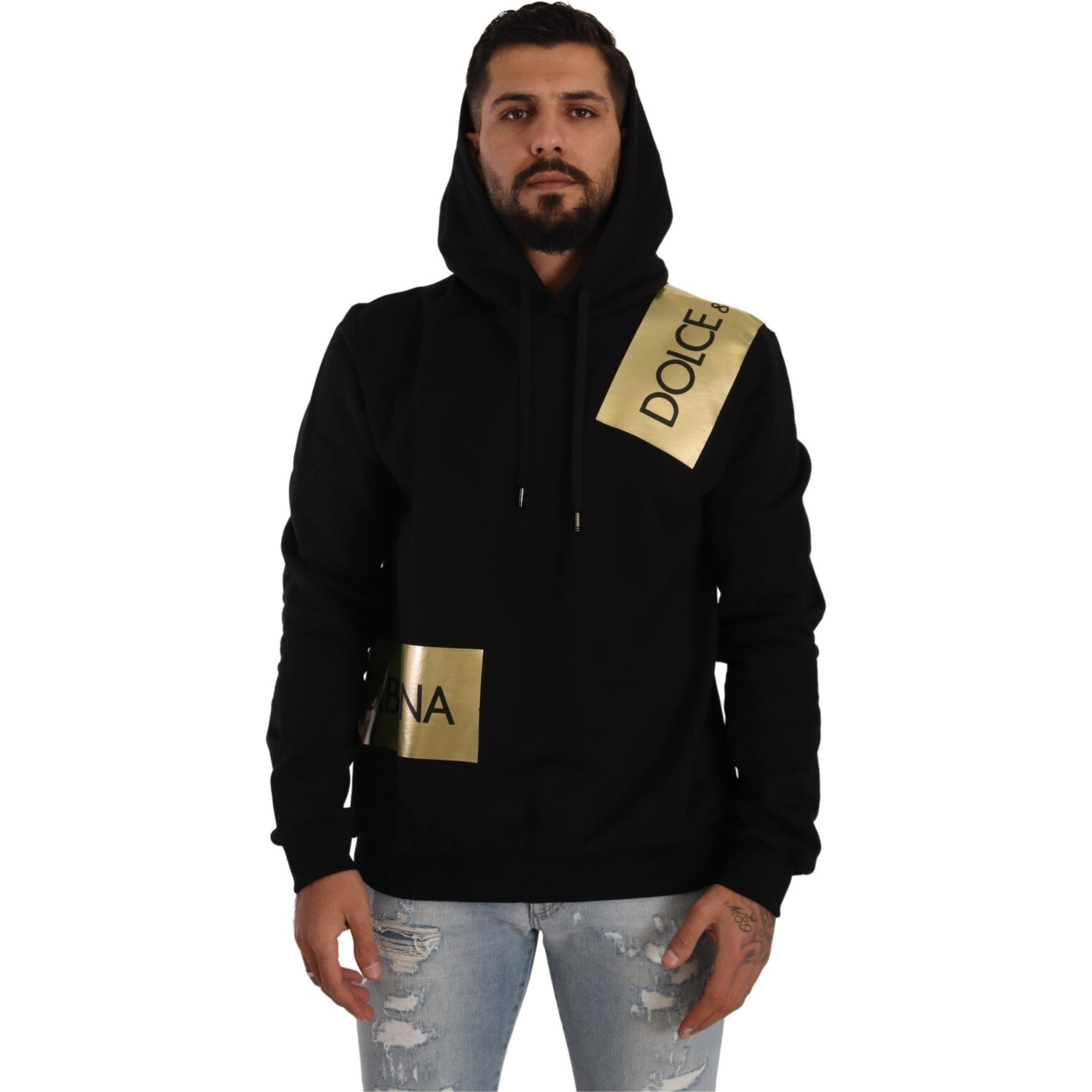 Black Gold Hooded Cotton Mens Pullover Sweater