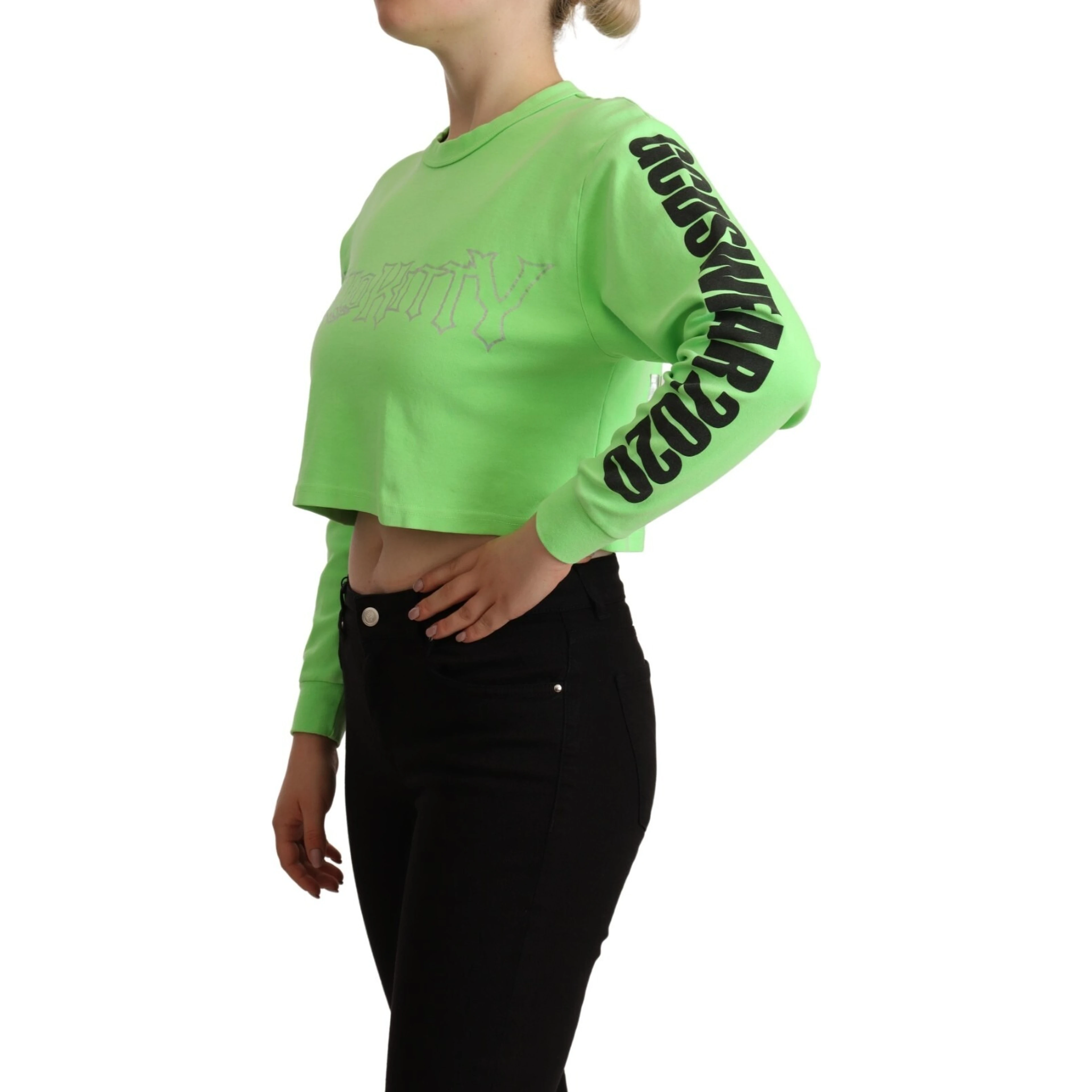 Mint Green Printed Long Sleeves Cropped Top Sweater