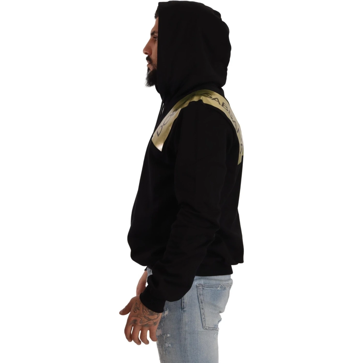 Black Gold Hooded Cotton Mens Pullover Sweater