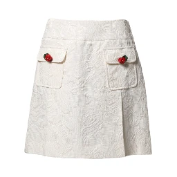 White Floral Brocade High Waist Mini Skirt