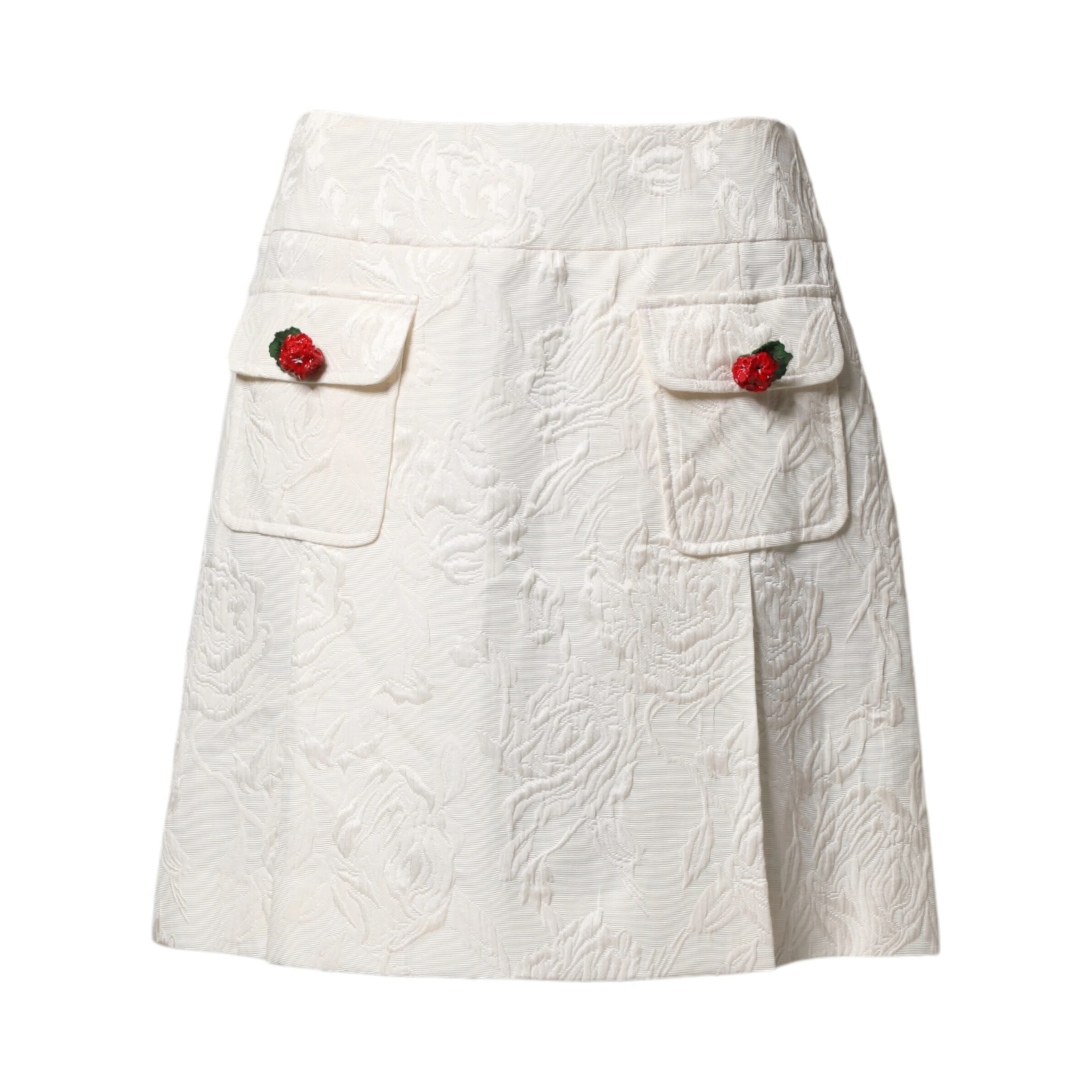 White Floral Brocade High Waist Mini Skirt