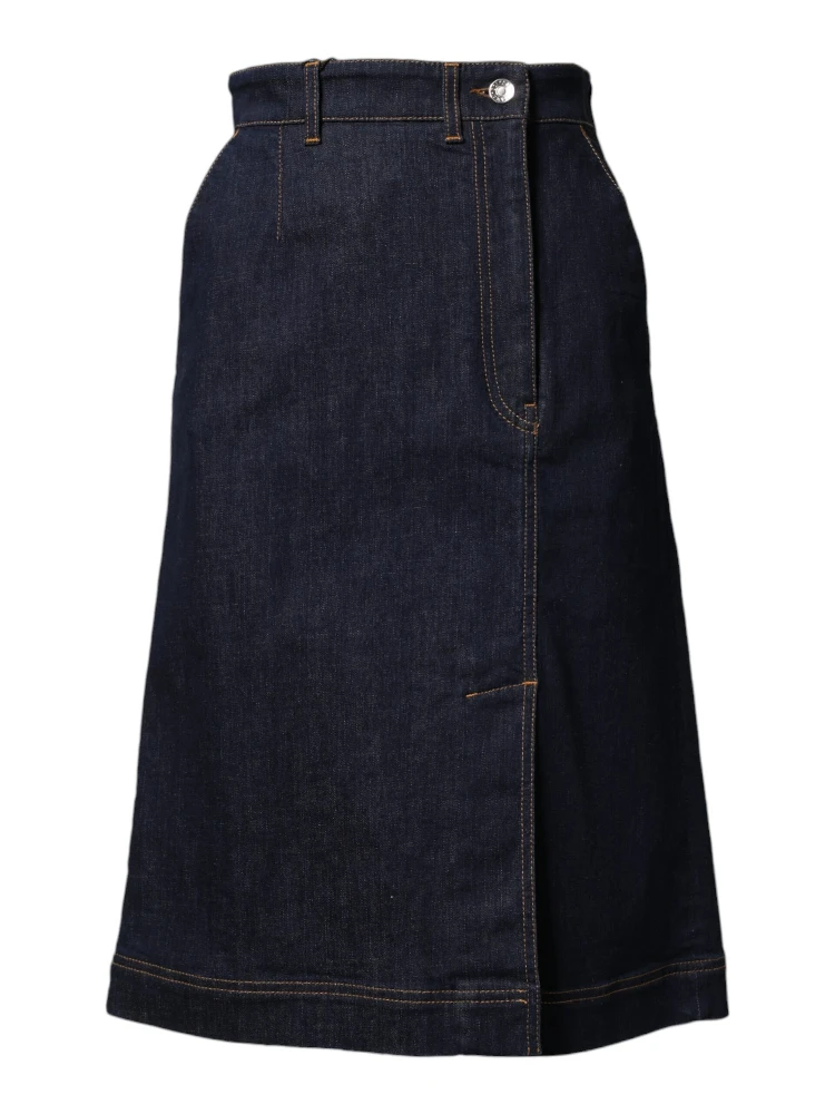Dark Blue Cotton A-line Denim Midi Skirt