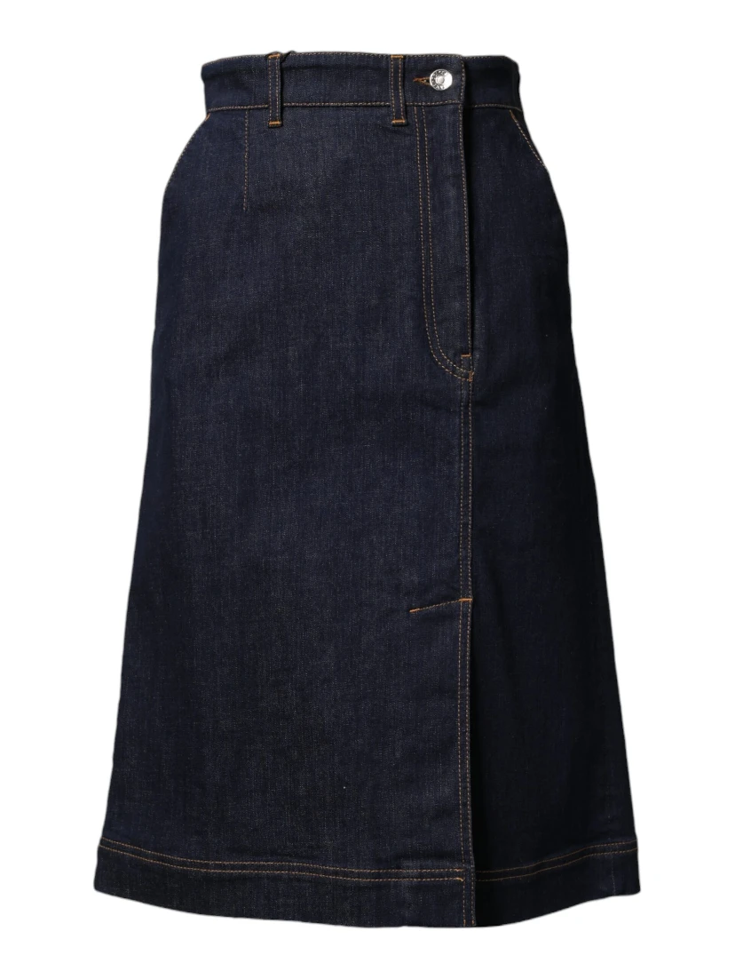 Dark Blue Cotton A-line Denim Midi Skirt
