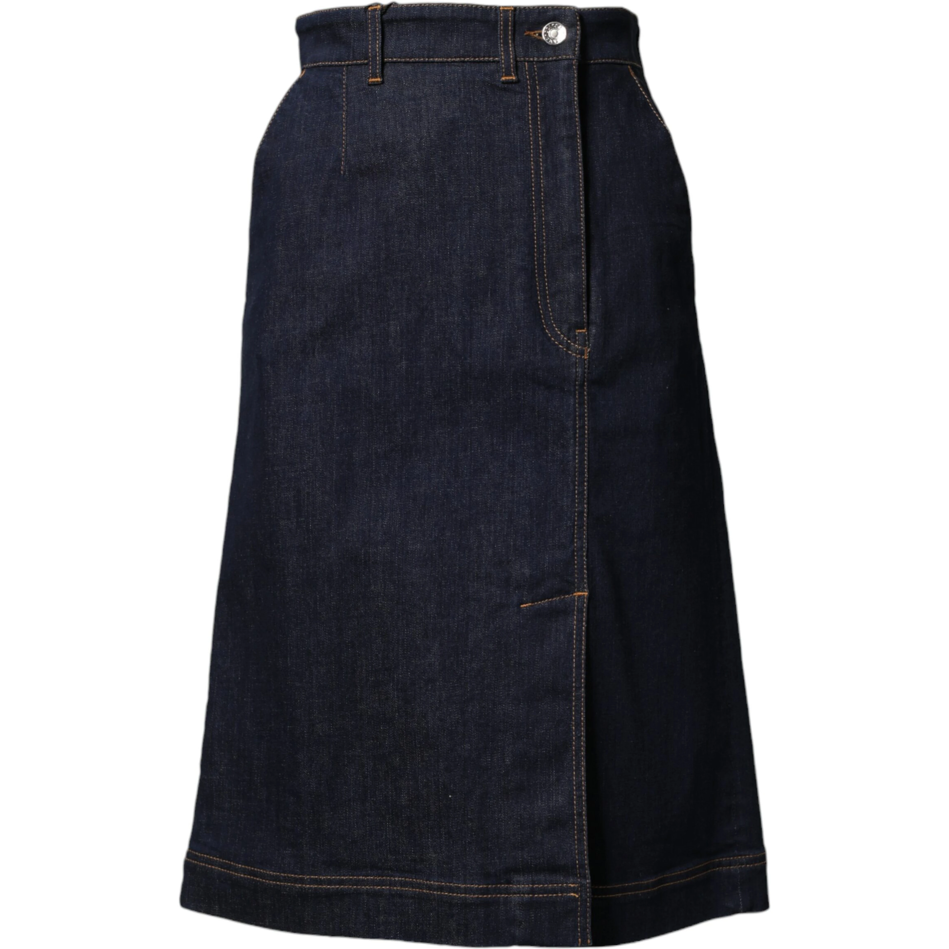 Dark Blue Cotton A-line Denim Midi Skirt